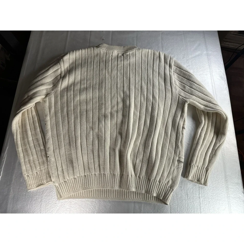 Bill Blass long sleeve cream gray black striped crewneck knit‎ sweater men's XXL